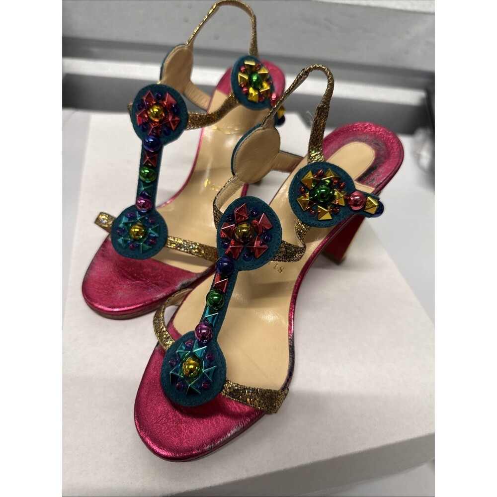 Christian Louboutin Multicolor Studded Strappy Sandals Gold Kaleitop 36 EU w/COA